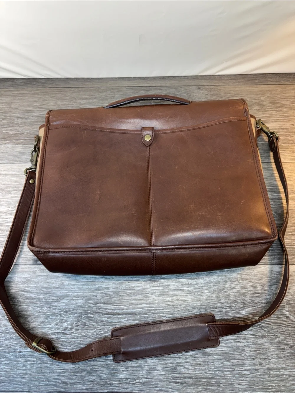 Eddie Bauer Tan Canvas Messenger Bag with Brown Leather Trim